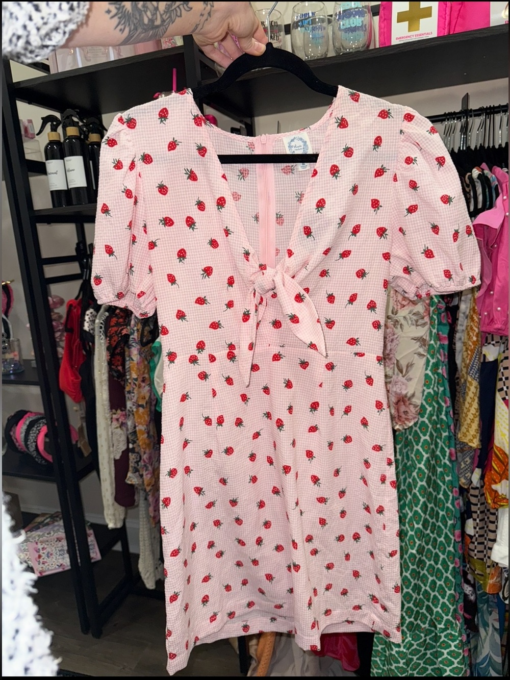 Blue Rain Pink Strawberry Tie-Front Puff Sleeve Mini Dress